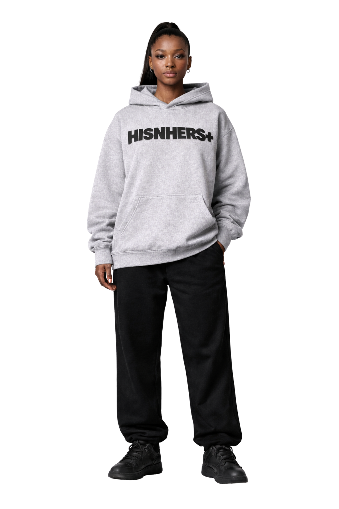 HISNHERS+ Relax Hoodie Puff Print -Athletic Heather/Black