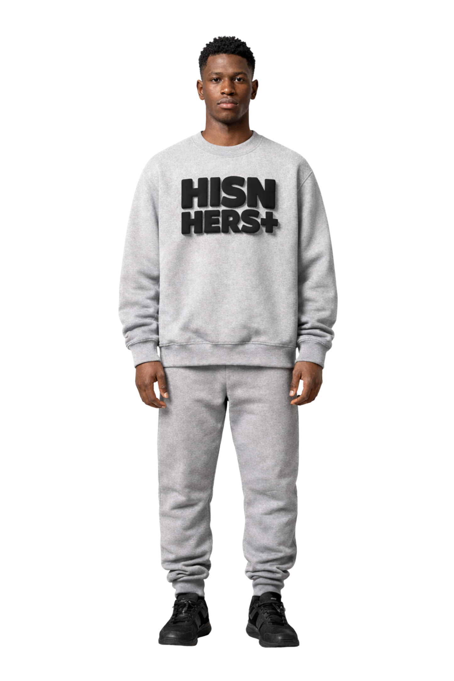 HISNHERS+ Heavyweight Puff Print Crew - Athletic Heather/Black