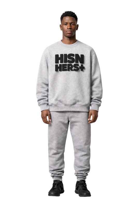 HISNHERS+ Heavyweight Puff Print Crew - Athletic Heather/Black