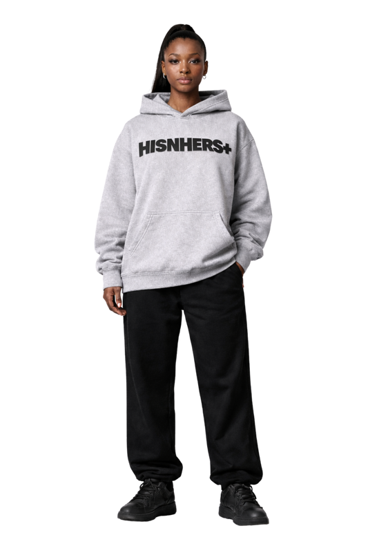 HISNHERS+ Relax Hoodie Puff Print -Athletic Heather/Black
